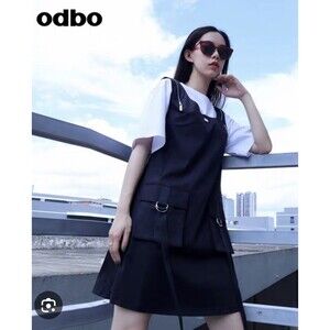 ODBO Skirtall Black‎ Denim Pinafore Bib Overall Mini Jumper Androgen Emo Sz S